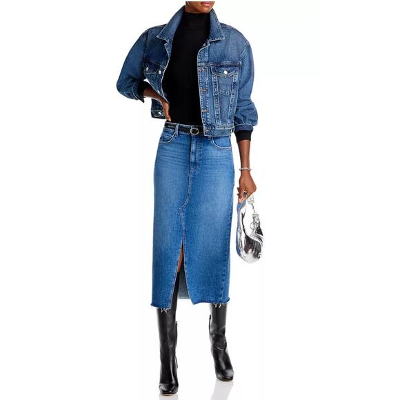 PAIGE Meadow Raw Hem Denim Midi Skirt Size 24 - Picture 6 of 9